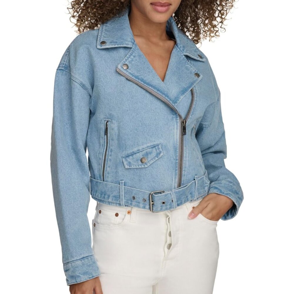 Levi's Denim Crop Moto Jacket Size M - Picture 3 of 14